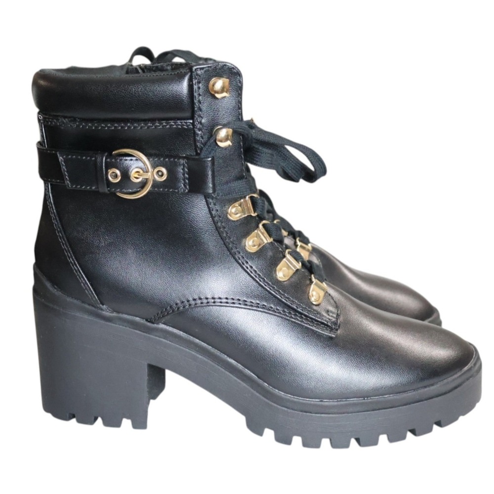 Black Chunky Heel Lace Up Combat Boots Lug Sole Buckle Wild Pair Bridgitt 9.5